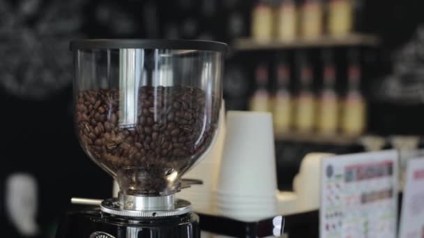 Un primo piano di chicchi di caffè in un macinino da caffè — Video Stock