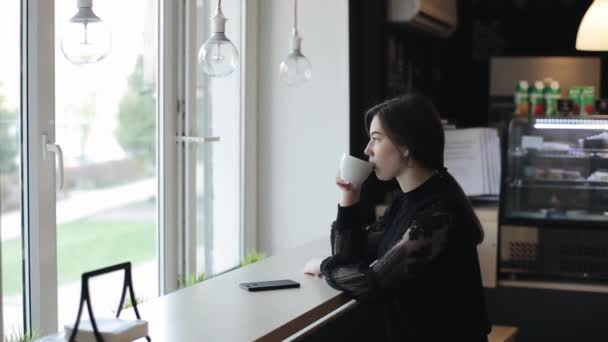 O fată destul de tânără care stă într-o cafenea, bea o ceașcă de ceai și își folosește telefonul inteligent. O vedere laterală — Videoclip de stoc