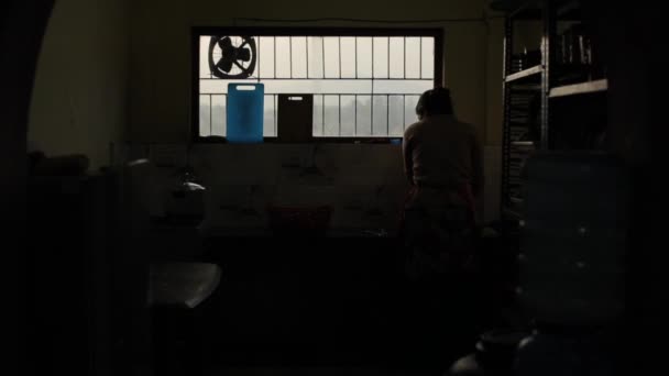 Sylwetka młodej skoncentrowanej kobiety, która wykonuje prace domowe w ciemnej kuchni na tle okna z siatką i widokiem na miasto. Zbliżenie — Wideo stockowe