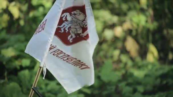 Мінськ, Білорусь - 20 червня 2020: Вид на червоно-білий махаючий прапор з гербом у центрі на тлі зелених дерев. Підсумок. — стокове відео