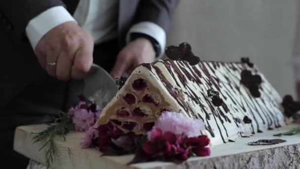 Pastel en una ceremonia de boda. Los recién casados cortan el pastel y se lo dan a los invitados. Postre dulce — Vídeos de Stock