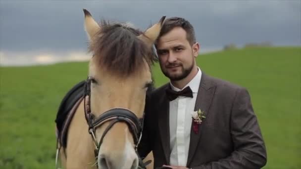 Un atractivo joven barbudo en traje negro con corbata de lazo se encuentra junto al caballo y lo sostiene en la brida. Primer plano — Vídeos de Stock