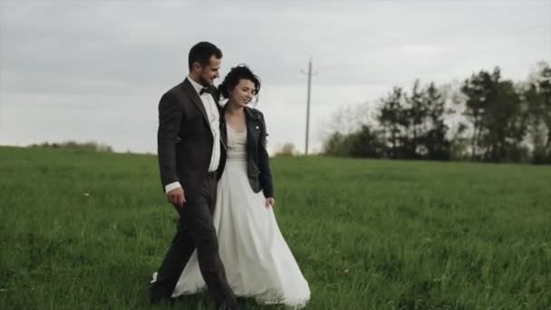 花嫁と新郎は緑の牧草地で抱擁の中を歩く。接近中だ。スローモーション。カメラがダウン — ストック動画