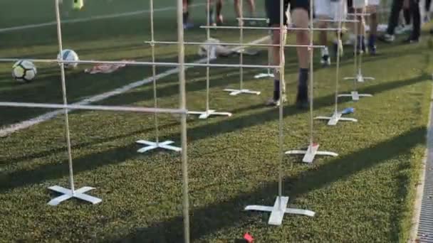 Hráči tréninku fotbalového týmu. Detailní záběr sportovců nohy skákání přes bariéry instalované na fotbalovém hřišti. Model obnoven — Stock video