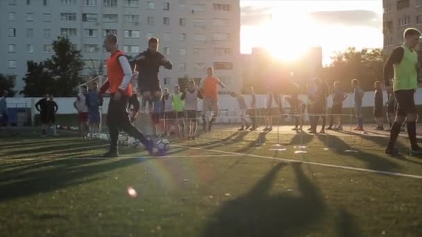 Futbol takımı eğitimi. Bazı oyuncular engellerin üzerinden atlarken diğerleri batan güneşe karşı futbol toplarının üzerinden atlıyor. Yakın plan. — Stok video