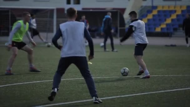 Entrenamiento del equipo de fútbol. Los jugadores resuelven el ataque en el campo y marcan un gol. Primer plano — Vídeos de Stock