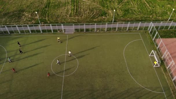 Vista aérea do campo de futebol onde as equipas jogam futebol. Câmera em uma posição — Vídeo de Stock