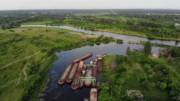 Wiele starych zardzewiałych barek w pobliżu brzegu w zatoce rzeki w otoczeniu zielonych pól i lasów. Powolne strzelanie z powietrza — Wideo stockowe