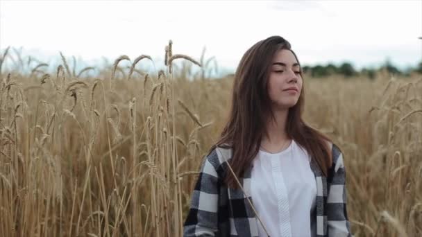 Portrait d'une jeune fille aux cheveux longs avec une pointe de blé dans les mains. Mouvement lent — Video