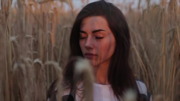 Молодая девушка стоит на пшеничном поле в лучах заката с закрытыми глазами. Крупный план. Медленное движение — стоковое видео