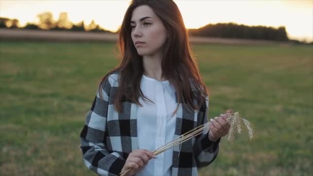 Uma jovem está de olhos fechados contra o fundo da natureza e segura espiguetas de trigo em suas mãos. Um plano difícil. Movimento lento — Vídeo de Stock