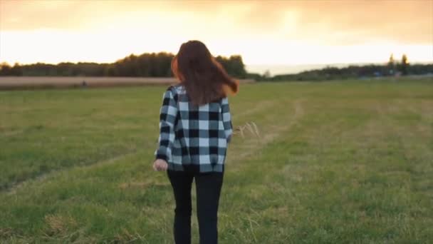 Genç bir kız yeşil bir çayırda koşuyor ve elinde buğday buketi tutuyor. Arkadan bak. Yavaş çekim — Stok video