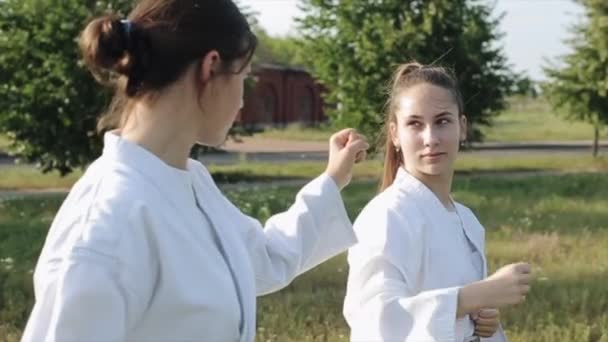 Két kimonós fiatal nő gyakorolja a karate tudást a támadásban és védekezésben. Japán harcművészet. Közelkép — Stock videók