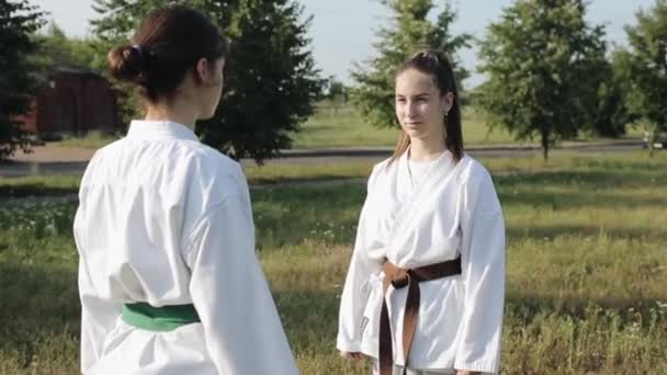 Duas jovens mulheres em quimono praticam habilidades de karatê em ataque e defesa. Arte marcial japonesa. Close-up — Vídeo de Stock