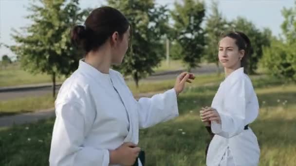 Dos mujeres jóvenes practicando karate y sparring en la naturaleza practicando sus habilidades de lucha. Artes marciales japonesas. Primer plano — Vídeos de Stock