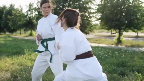 İki genç bayan sporcu açık hava karate antrenmanında hücum ve savunma becerilerini geliştiriyor. Yakın plan. Kamera yukarı ve aşağı hareket eder — Stok video