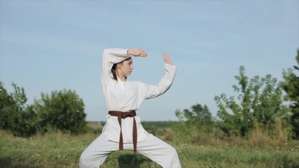 Egy fiatal nő fehér kimonóban bemutatja karate technikáját a természet hátterében egy nyári napon. Közelkép — Stock videók