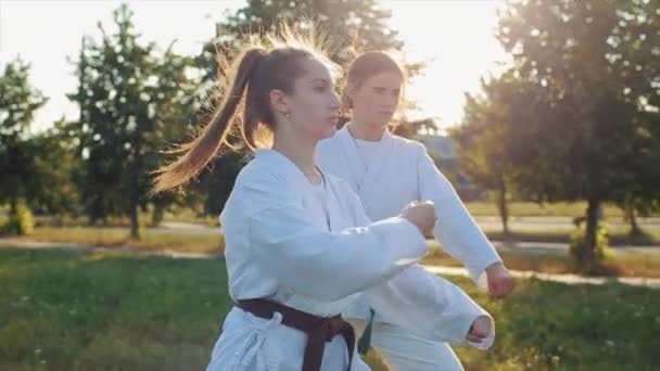 Dos chicas jóvenes en kimono practican técnicas de karate al aire libre en un día de verano. Primer plano. Movimiento lento — Vídeos de Stock