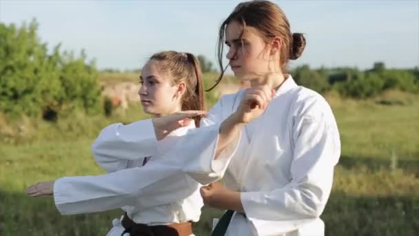 Dos chicas jóvenes en kimonos blancos demuestran técnicas de karate en el entrenamiento al aire libre. Primer plano. En cámara lenta. Fondo borroso — Vídeos de Stock