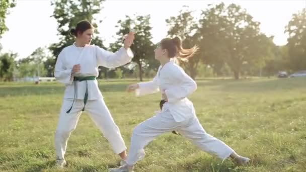 Sportlerinnen in weißen Kimonos feilen in Kampfkunstkursen in der Natur an der Kampftechnik — Stockvideo