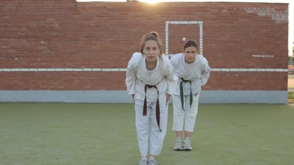 Дві молоді дівчата в білих кімоно в карате тренування на відкритому повітрі синхронно відпрацьовують свої навички на спортивному майданчику. Вид спереду. Крупним планом — стокове відео