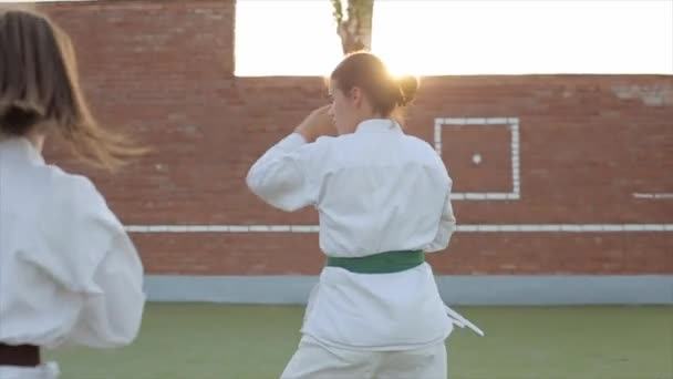 Junge Sportlerinnen im Karatetraining arbeiten vor dem Hintergrund eines Sonnenuntergangs an Abwehr- und Angriffstechniken. Frontansicht. Nahaufnahme — Stockvideo