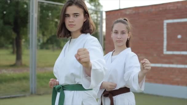 Dwie młode dziewczyny stoją w klasycznych pozach karate na boisku sportowym i patrzą w kamerę. Zbliżenie. Zwolnij trochę. Kamera porusza się z boku na bok i zmienia kąt fotografowania — Wideo stockowe