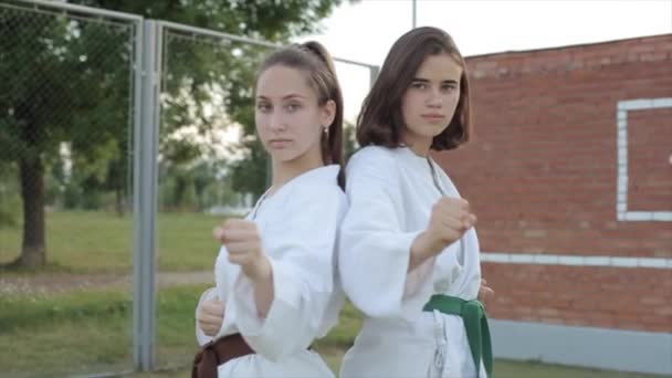 Dua wanita muda berdiri di karate dasar berpose dengan tangan mereka mengepal ke dalam kepalan tangan dengan punggung mereka satu sama lain. Pemandangan depan. Close-up. Kamera memperbesar dan mengubah sudut tembakan. — Stok Video