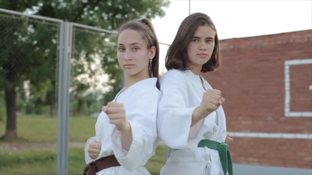 Deux jeunes femmes en kimonos blancs se tiennent dans une position de karaté de combat sur le terrain de sport. Vue de face. Gros plan. Au ralenti. La caméra se déplace de haut en bas — Video