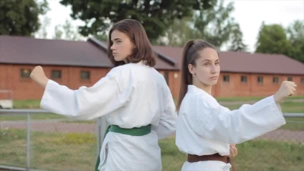 Vrouwelijke atleten in karate training tonen fundamentele standpunten in techniek kyokushinkai. Een close-up. Langzame beweging. Camera zoomt in — Stockvideo