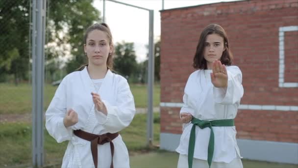 Jovens mulheres em quimonos brancos demonstram posturas básicas de karatê enquanto se exercitam no campo esportivo. Vista frontal. Close-up. Movimento lento — Vídeo de Stock