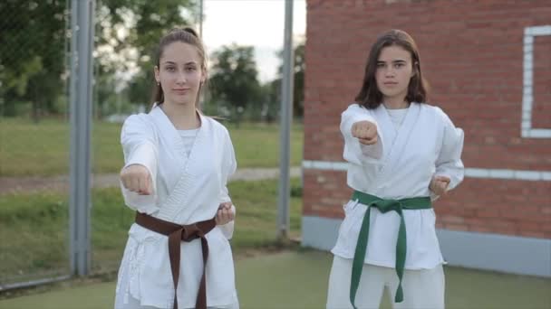 Harcművészet női sportolók gyakorolják a karate technikákat a sportpályán. Előtér. Közelkép. Lassú mozgás. — Stock videók
