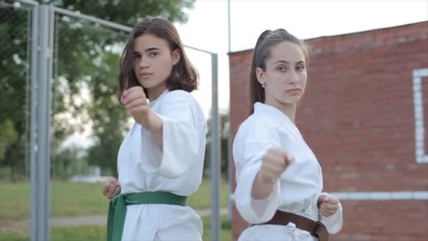 Dwie kobiety w białych kimonach demonstrują podstawową postawę karate. Z przodu. Zbliżenie. Zwolnij trochę. Niski kąt widzenia. Zbliżenie kamery — Wideo stockowe