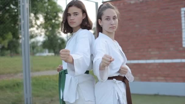 Zwei junge Mädchen in weißen Kimonos demonstrieren Karate-Haltung auf dem Sportplatz. Nahaufnahme. Frontansicht. Zeitlupe — Stockvideo