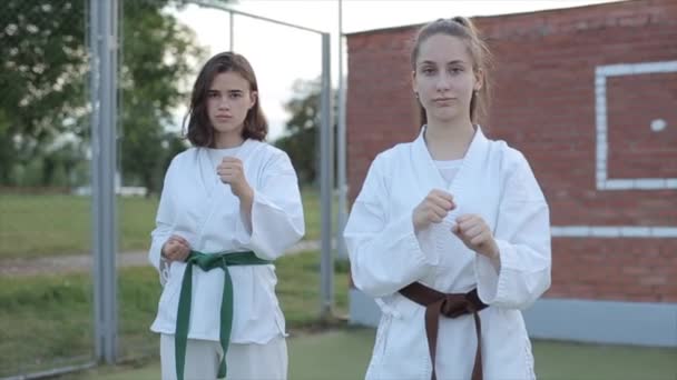Zwei junge Frauen in Kimonos demonstrieren Treten, während sie Karate-Kyokushinkai auf dem Trainingsplatz im Freien praktizieren. Nahaufnahme. Frontansicht. Zeitlupe — Stockvideo