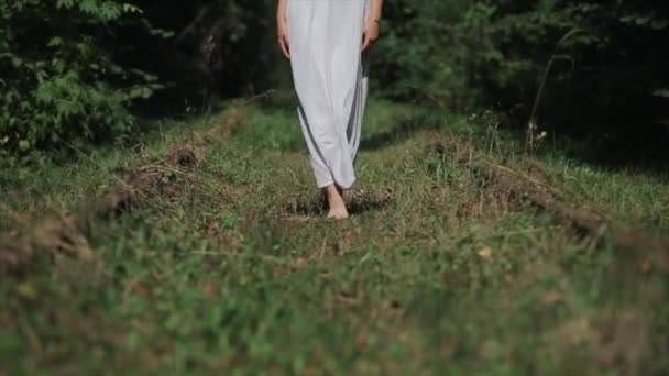 Una joven con un vestido blanco y pelo largo camina descalza sobre la hierba entre los viejos carriles oxidados del ferrocarril. Vista trasera. Primer plano. La cámara se mueve de abajo hacia arriba — Vídeo de stock