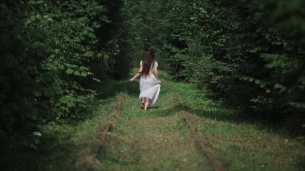 En ung kvinna med fladdrande långt hår i vit klänning springer barfota bland gröna träd en solig sommardag. Bakåt. Långsamma rörelser — Stockvideo