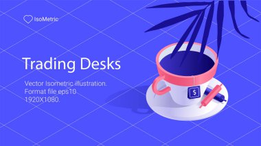 İşyeri tüccar illüstrasyon, çalışma masası, izometrik afiş, vektör çizim açılış veya web sitesi için