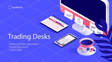 İşyeri tüccar illüstrasyon, çalışma masası, izometrik afiş, vektör çizim açılış veya web sitesi için