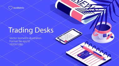 İşyeri tüccar illüstrasyon, çalışma masası, izometrik afiş, vektör çizim açılış veya web sitesi için