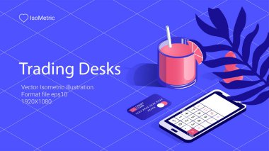 İşyeri tüccar illüstrasyon, çalışma masası, izometrik afiş, vektör çizim açılış veya web sitesi için