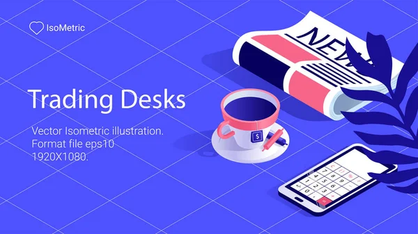 Workplace Trader Illustration Work Desk Isometric Banner Vector Illustration Landing Jogdíjmentes Stock Vektorok