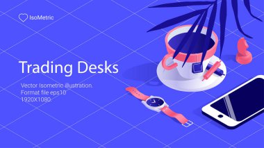 İşyeri tüccar, çalışma masası, izometrik afiş, illüstrasyon vektör çizim açılış veya web sitesi için