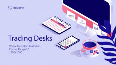 İşyeri tüccar, çalışma masası, izometrik afiş, illüstrasyon vektör çizim açılış veya web sitesi için