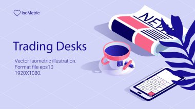 İşyeri tüccar, çalışma masası, izometrik afiş, illüstrasyon vektör çizim açılış veya web sitesi için