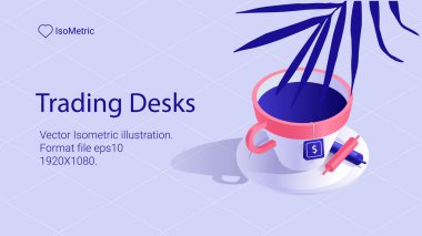 İşyeri tüccar, çalışma masası, izometrik afiş, illüstrasyon vektör çizim açılış veya web sitesi için