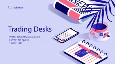 İşyeri tüccar, çalışma masası, izometrik afiş, illüstrasyon vektör çizim açılış veya web sitesi için