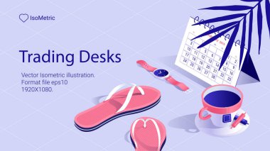 İşyeri tüccar, çalışma masası, izometrik afiş, illüstrasyon vektör çizim açılış veya web sitesi için