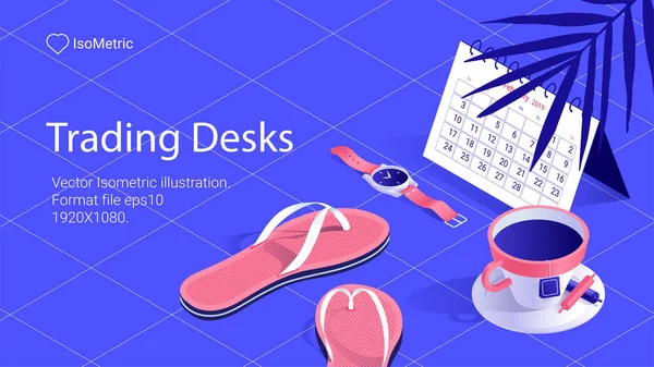 Illustration Workplace Trader Work Desk Isometric Banner Vector Illustration Landing — Stock Vector