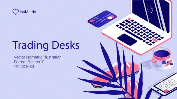 İşyeri tüccar, çalışma masası, izometrik afiş, illüstrasyon vektör çizim açılış veya web sitesi için